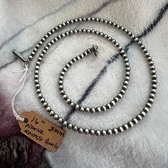 ❤️ 16” 3mm Native Made Navajo Desert Pearls Beads Oxidized Sterling Made in USA - Picture 1 of 9